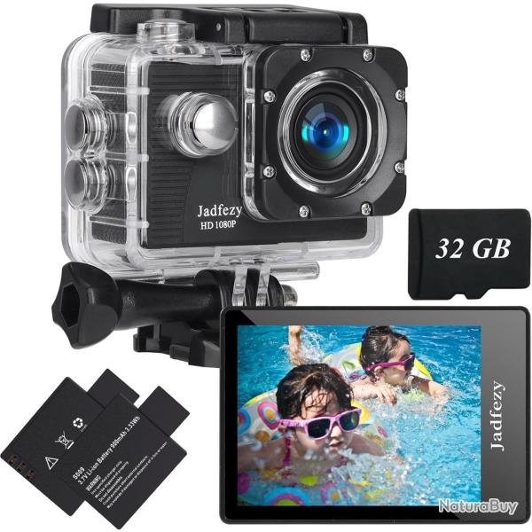 Camera Sport FHD 1080P Grand Angle Kit d'accessoires 2 Batteries 900Mah Carte 32GB Imperm�able 30M
