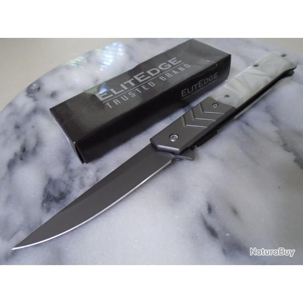 Couteau ElitEdge Semi Automatique Lame Trailing Point Acier 420C Manche Fa�on Perle Linerlock 06WP
