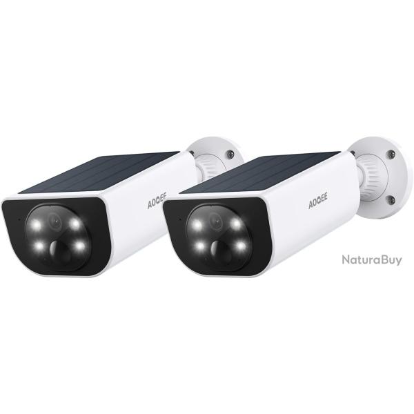 Cam�ra Surveillance Solaire 2 Pcs Vision Nocturne Couleur D�tection Humaine AI Angle100� �tanche PIR