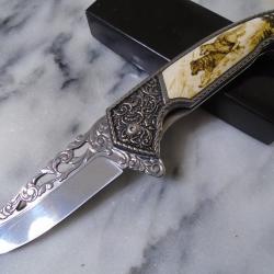 Couteau S-TEC Wildlife Wolf A/O Lame Acier 440 Manche Sculpt&eacute; & R&eacute;sine avec Loups Framelock 01wf