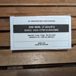 Boite de 20 cartouches 308 Winchester - Sako - 175 grains - Subsoniques