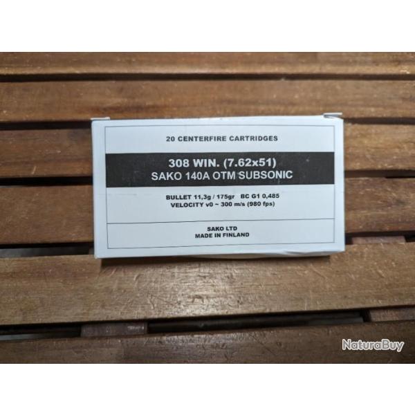 Boite de 20 cartouches 308 Winchester - Sako - 175 grains - Subsoniques