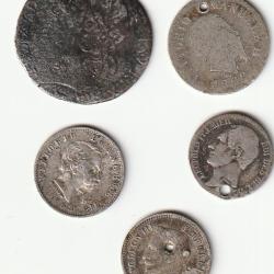 Pi&egrave;ce de Monnaie Argent  lot de 5 Monnaies Monnaies Argent us&eacute;es ou perc&eacute;es