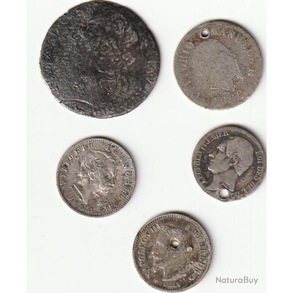 Pi�ce de Monnaie Argent  lot de 5 Monnaies Monnaies Argent us�es ou perc�es