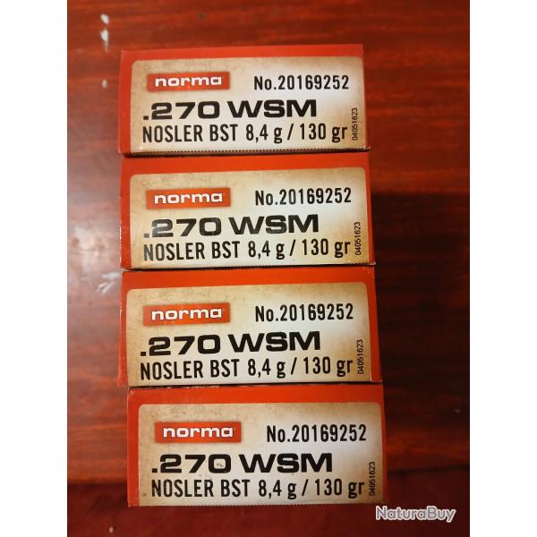 BALLES NORMA  270WSM NOSLER BST 8.4g /130gr - 4 boites de 20 cartouches
