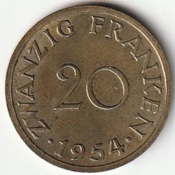 Pi&egrave;ce de Monnaie TERRITOIRE DE LA SARRE 20 Franken 1954 Protectorat fran&ccedil;ais recherch&eacute;e