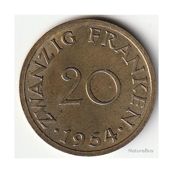 Pi�ce de Monnaie TERRITOIRE DE LA SARRE 20 Franken 1954 Protectorat fran�ais recherch�e