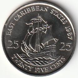 Pi&egrave;ce de Monnaie &Eacute;tats de la Cara&iuml;be orientale 25 cents Elizabeth II 2e effigie 1987