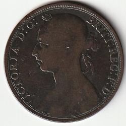 Pi&egrave;ce de Monnaie Angleterre 1 penny Victoria 2e type, "bun head" 1890