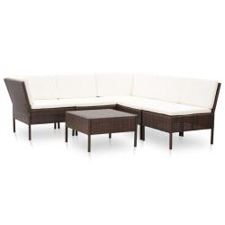 Salon de jardin 6 pcs avec coussins R&eacute;sine tress&eacute;e Marron