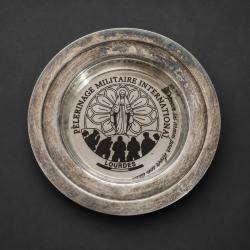 Coupelle vide-poche P&egrave;lerinage Militaire International Lourdes m&eacute;tal argent&eacute; 14cm Vierge Marie