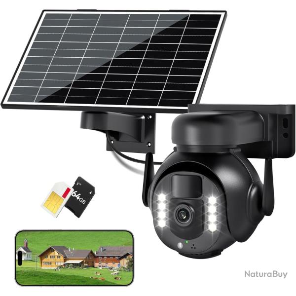 Cam�ra de Surveillance 4K - PTZ 360� Ext�rieure �tanche avec Zoom 5X, Cam�ra Solaire 4G/5G LTE pour