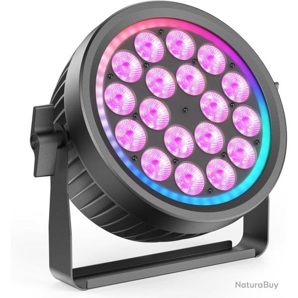 Projecteur LED DMX, 18x10W RGBW Silencieux Lumiere de Scene avec Anneau RGB, Jeux de Lumiere Eclaira