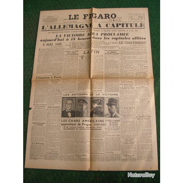 WW2 FRANCE JOURNAL FRANCAIS " LE FIGARO 8 MAI 1945 " �POQUE ARMISTICE JOUR J (39-45) be