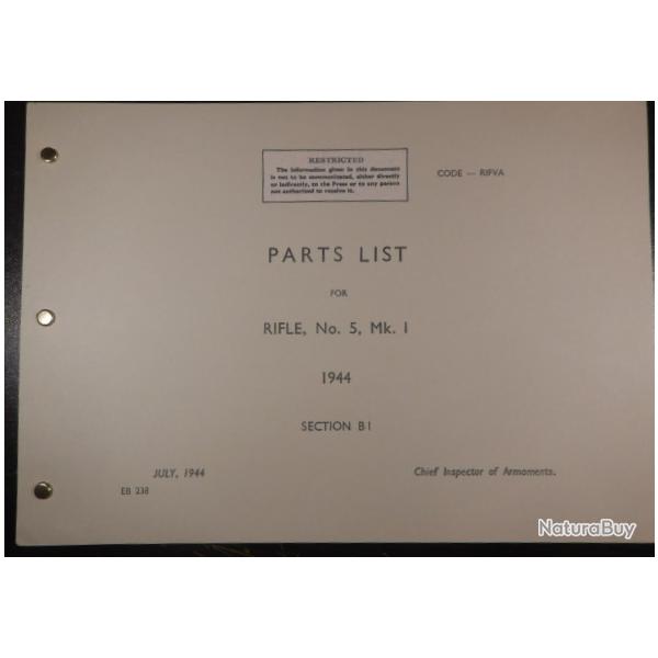 Rare - Catalogue de l'arm�e Britannique pi�ces et d�montage du Enfield (Jungle) N� 5 MK I - 1944