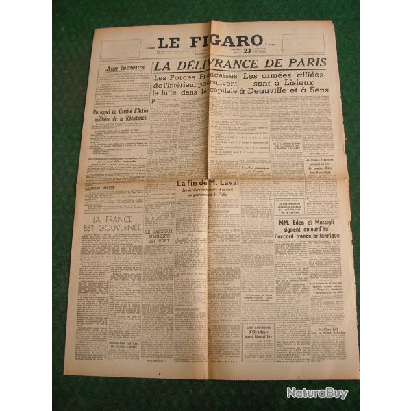 WW2 FRANCE JOURNAL FRANCAIS " LE FIGARO 23 AOUT 1944 ' �POQUE LIB�RATION DE PARIS (39-45)