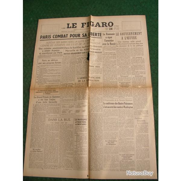 WW2 FRANCE JOURNAL FRANCAIS " LE FIGARO 24 AOUT 1944 ' �POQUE LIB�RATION DE PARIS (39-45)