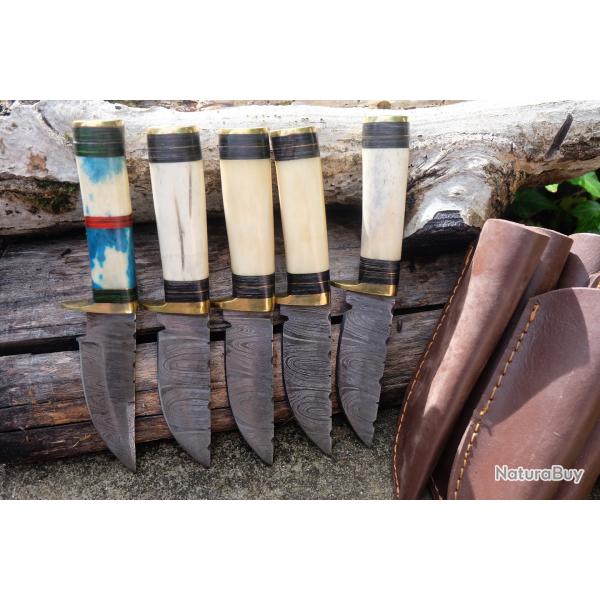 LOT DE 5 Couteau Skinner Damas Lame 256 Couches Manche Os Fabric Artisanale Etui Cuir