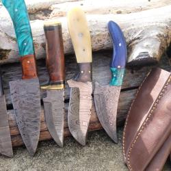 Lot de 5 Skinner Poignard Couteau Damas Lame 256 Couches Manche Bois/Os/R&eacute;sine F Artisan Etui Cuir