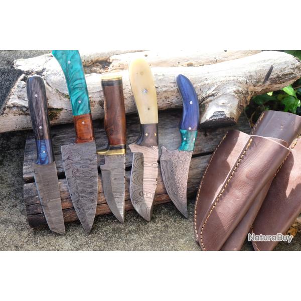 Lot de 5 Skinner Poignard Couteau Damas Lame 256 Couches Manche Bois/Os/R�sine F Artisan Etui Cuir