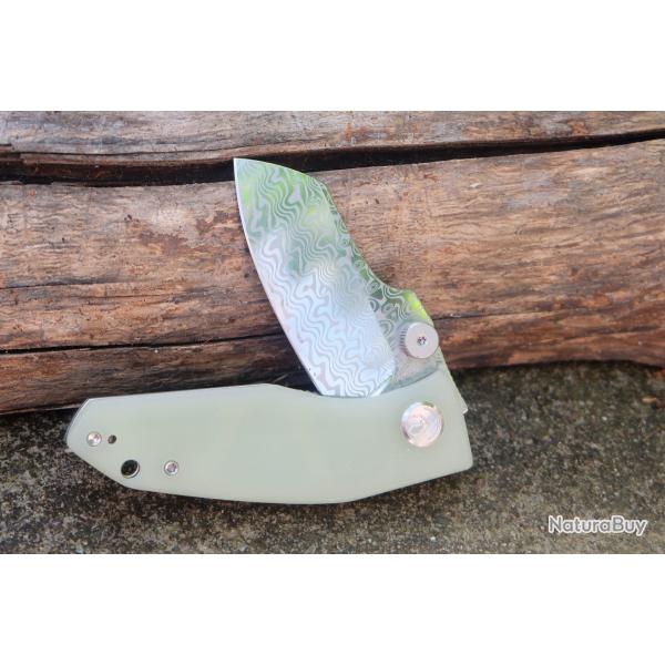Couteau Kubey Monsterdog Damas Lame Acier Damas Sheepsfoot Manche Jade G10 Linerlock Clip