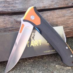 Couteau Y-START Flipper Outdoor Lame Acier D2 Drop Point Satin Manche Plaquettes Orange G10 Linerloc