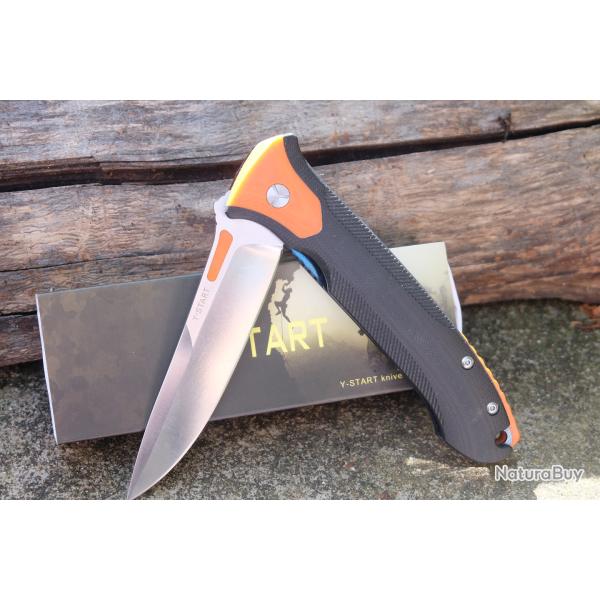 Couteau Y-START Flipper Outdoor Lame Acier D2 Drop Point Satin Manche Plaquettes Orange G10 Linerloc