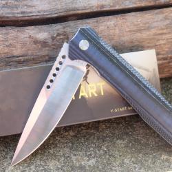 Couteau Y-START Flipper Dual-Tone | Lame Acier 14C28N Drop Point Satin Manche Black & Blue G10 Liner