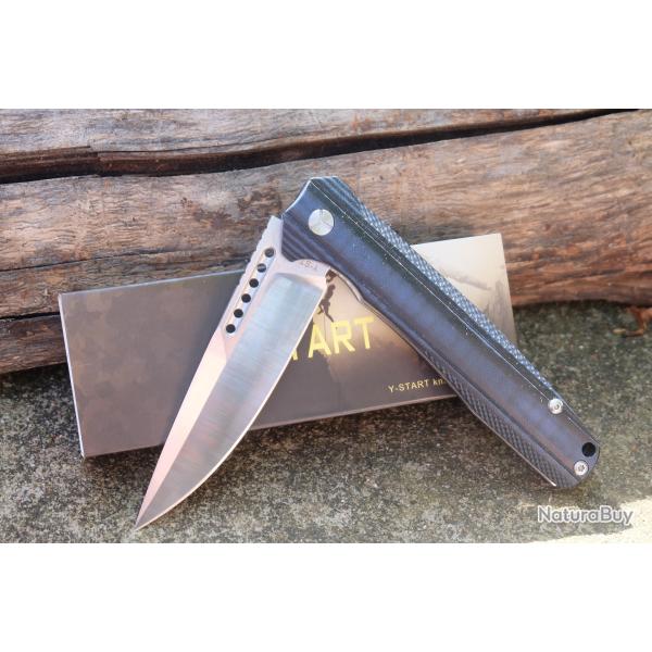 Couteau Y-START Flipper Dual-Tone | Lame Acier 14C28N Drop Point Satin Manche Black & Blue G10 Liner