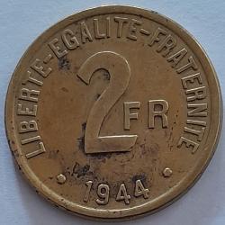 Pi&egrave;ce de Monnaie France 2 francs "France" Gouvernement provisoire 1944 Philadelphie