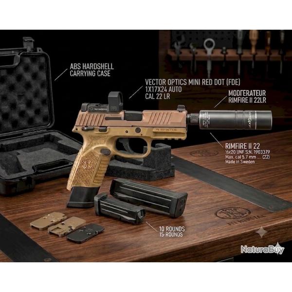 Pack pistolet FN HERSTAL FN502 22lr Tan+viseur vector Frenzy S+silencieux Aimsport VE00127+AIM003