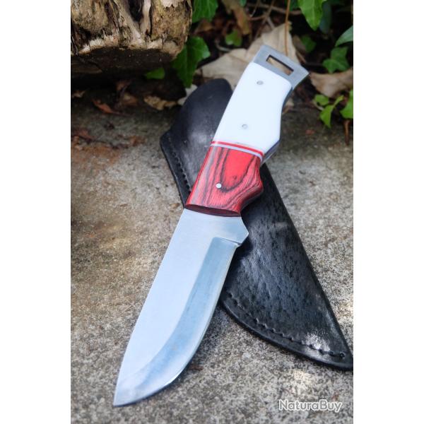 Couteau de Chasse Skinner Lame Drop Point Acier Carbone 1055 Manche R�sine/Bois Etui F Artisanale