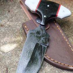 Couteau Push Dagger Lame Acier Carbone 1055 Black Manche R&eacute;sine Etui CUir Fabric Artisanale