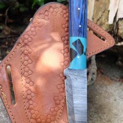 Couteau Tanto Damas Lame 256 Couches Manche Bois/R&eacute;sine Etui Cuir Fab Artisanale
