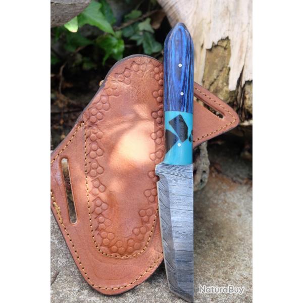 Couteau Tanto Damas Lame 256 Couches Manche Bois/R�sine Etui Cuir Fab Artisanale