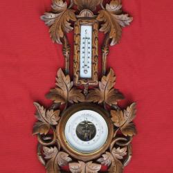 Barom&egrave;tre thermom&egrave;tre bois sculpt&eacute; 1900-1930 antique barometer