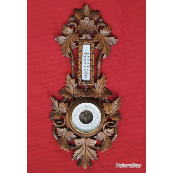 Barom�tre thermom�tre bois sculpt� 1900-1930 antique barometer