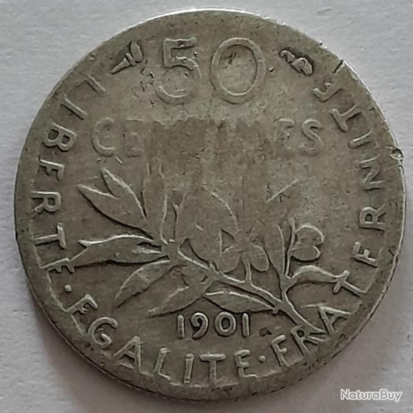 Pi�ce de Monnaie Argent  France 50 centimes Semeuse 1901
