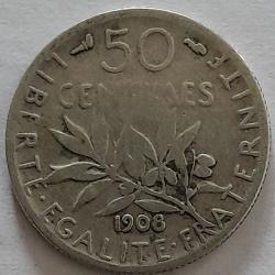 Pi&egrave;ce de Monnaie Argent  France 50 centimes Semeuse 1908