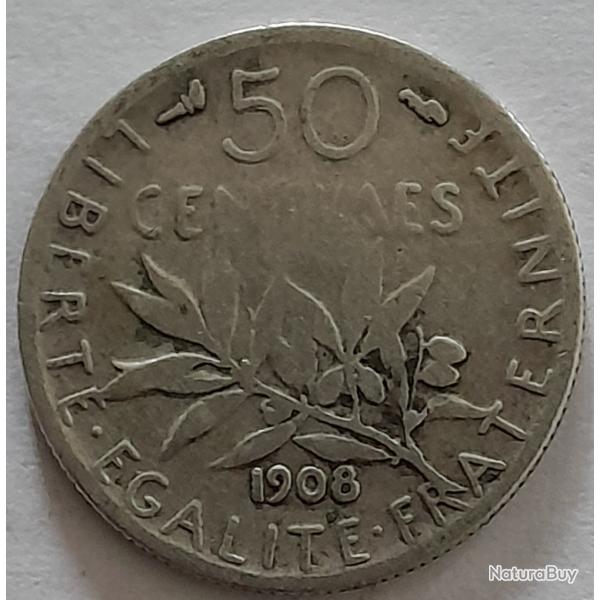 Pi�ce de Monnaie Argent  France 50 centimes Semeuse 1908