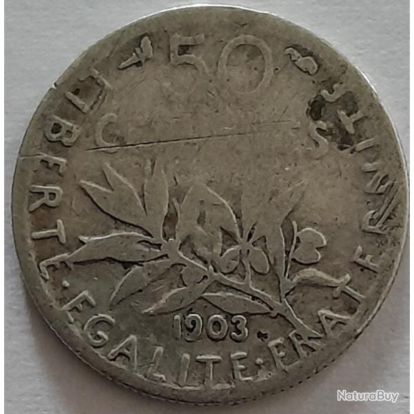 Pi�ce de Monnaie Argent  France 50 centimes Semeuse 1903 Rare