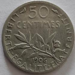 Pi&egrave;ce de Monnaie Argent  France 50 centimes Semeuse 1906