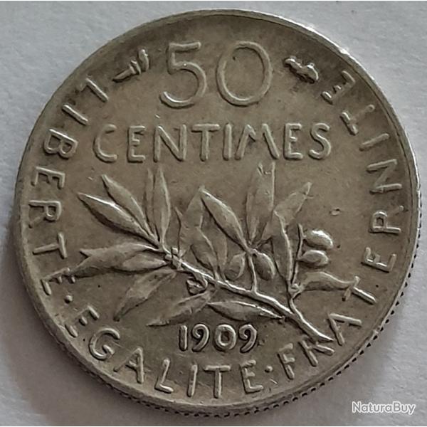 Pi�ce de Monnaie Argent  France 50 centimes Semeuse 1909