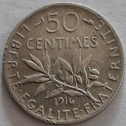 Pi&egrave;ce de Monnaie Argent  France 50 centimes Semeuse 1916