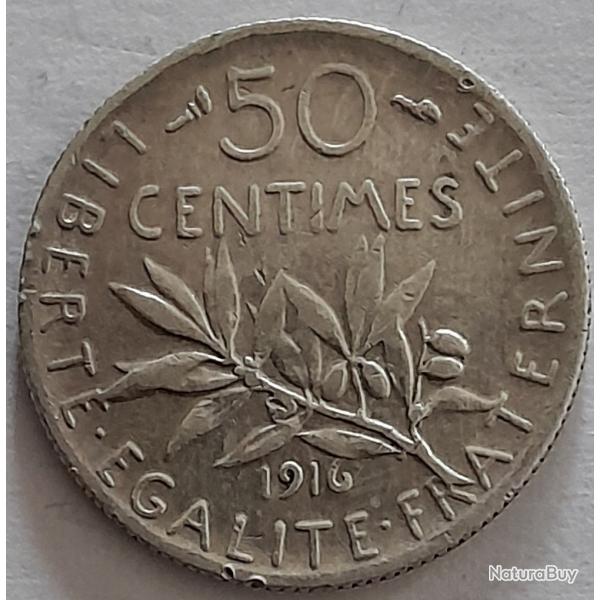 Pi�ce de Monnaie Argent  France 50 centimes Semeuse 1916