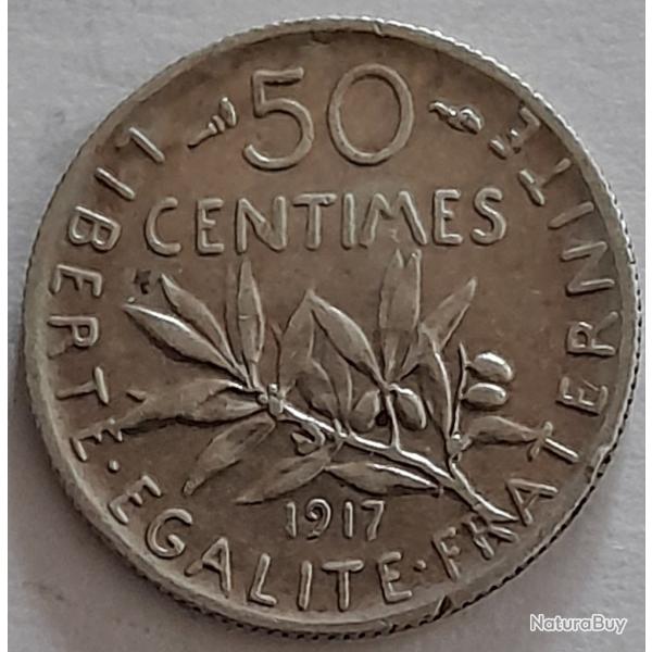 Pi�ce de Monnaie Argent  France 50 centimes Semeuse 1917
