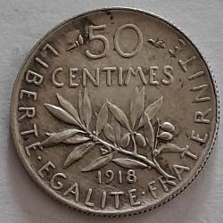 Pi&egrave;ce de Monnaie Argent  France 50 centimes Semeuse 1918