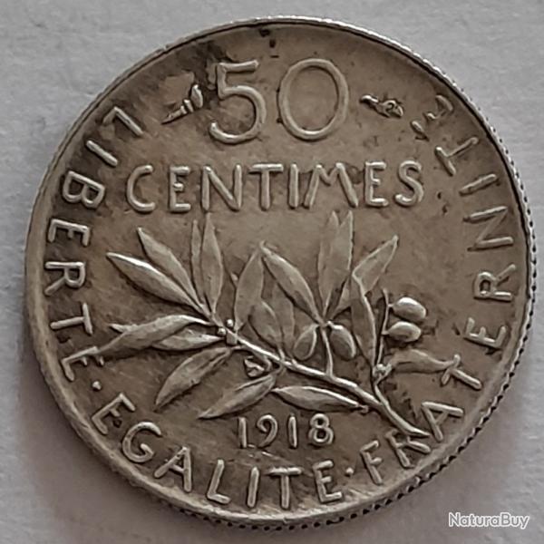 Pi�ce de Monnaie Argent  France 50 centimes Semeuse 1918