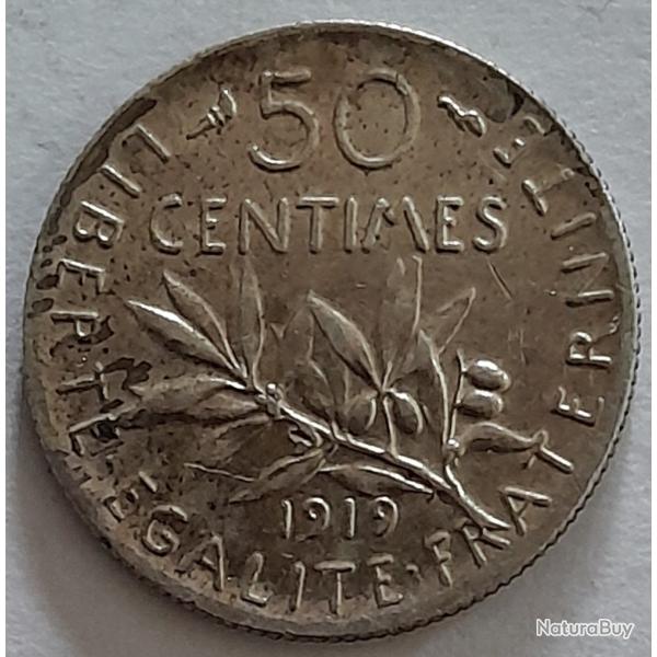Pi�ce de Monnaie Argent  France 50 centimes Semeuse 1919