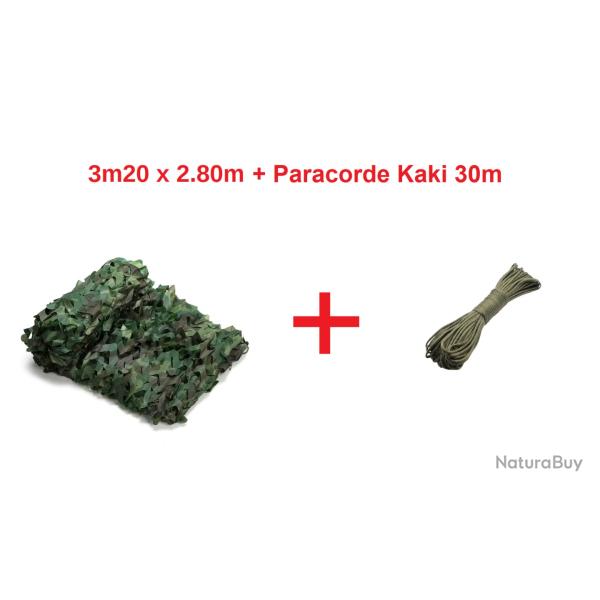 Filet de camouflage Jungle vert 3.20m x 2.80m + Paracorde 30m Kaki - Livraison gratuite